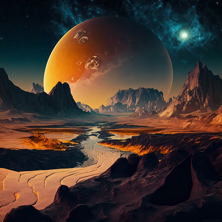 Science wallpaper. Landscape of an exoplanet with a sun and planets in the sky. Scary atmosphere.の素材