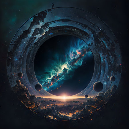 Starry view of vast universe. Deep colorful space with nebula, stars and foreign planets. Infinite galaxy.の素材