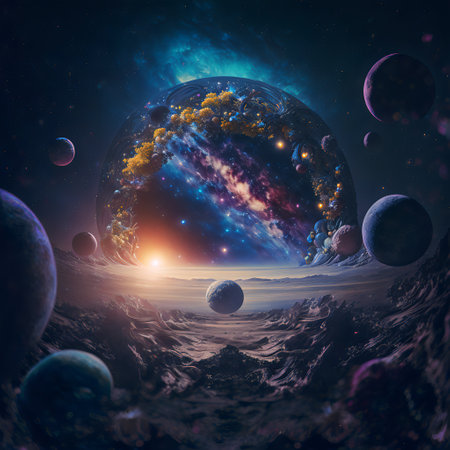 Starry view of vast universe. Deep colorful space with nebula, stars and foreign planets. Infinite galaxy.の素材