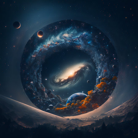 Starry view of vast universe. Deep colorful space with nebula, stars and foreign planets. Infinite galaxy.の素材