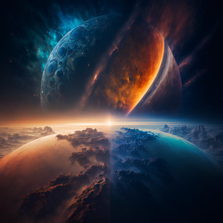 Starry view of vast universe. Deep colorful space with nebula, stars and foreign planets. Infinite galaxy.の素材