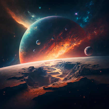 Starry view of vast universe. Deep colorful space with nebula, stars and foreign planets. Infinite galaxy.の素材