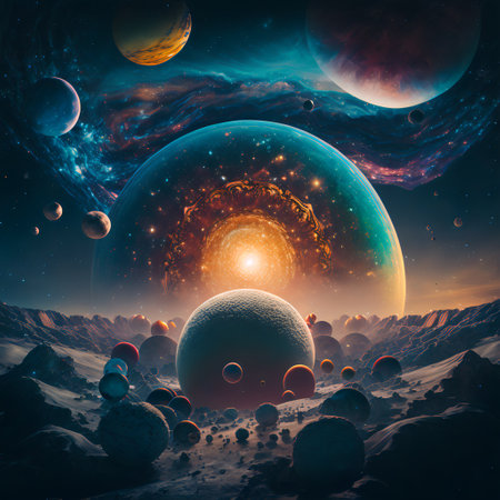 Starry view of vast universe. Deep colorful space with nebula, stars and foreign planets. Infinite galaxy.の素材