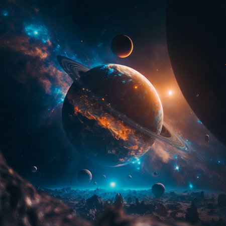 Starry view of vast universe. Deep colorful space with nebula, stars and foreign planets. Infinite galaxy.の素材