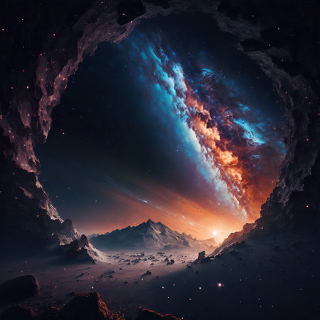 Starry view of vast universe. Deep colorful space with nebula, stars and foreign planets. Infinite galaxy.の素材