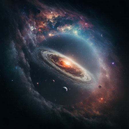 Starry view of vast universe. Deep colorful space with nebula, stars and foreign planets. Infinite galaxy.の素材