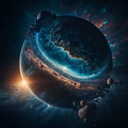 Starry view of vast universe. Deep colorful space with nebula, stars and foreign planets. Infinite galaxy.の素材