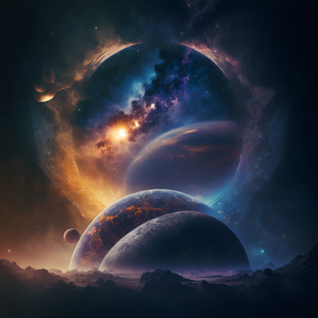 Starry view of vast universe. Deep colorful space with nebula, stars and foreign planets. Infinite galaxy.の素材