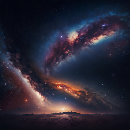 Starry view of vast universe. Deep colorful space with nebula, stars and foreign planets. Infinite galaxy.の素材