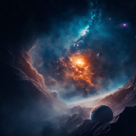 Starry view of vast universe. Deep colorful space with nebula, stars and foreign planets. Infinite galaxy.の素材