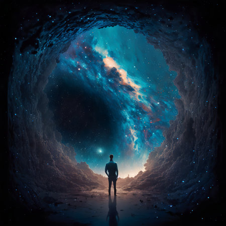 Starry view of vast universe. Deep colorful space with nebula, stars and foreign planets. Infinite galaxy.の素材