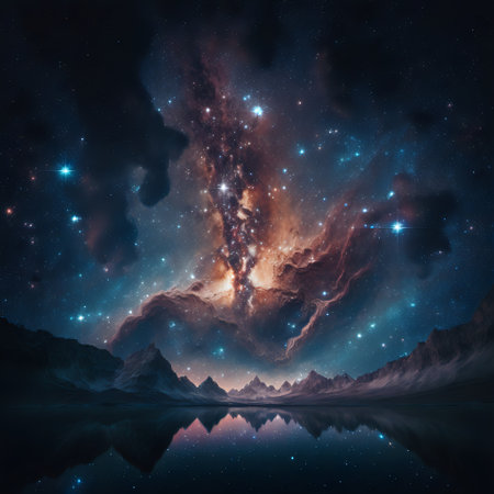 Starry view of vast universe. Deep colorful space with nebula, stars and foreign planets. Infinite galaxy.の素材