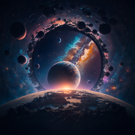 Starry view of vast universe. Deep colorful space with nebula, stars and foreign planets. Infinite galaxy.の素材