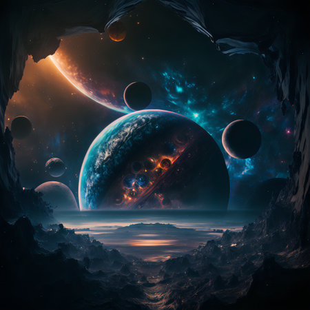 Starry view of vast universe. Deep colorful space with nebula, stars and foreign planets. Infinite galaxy.の素材