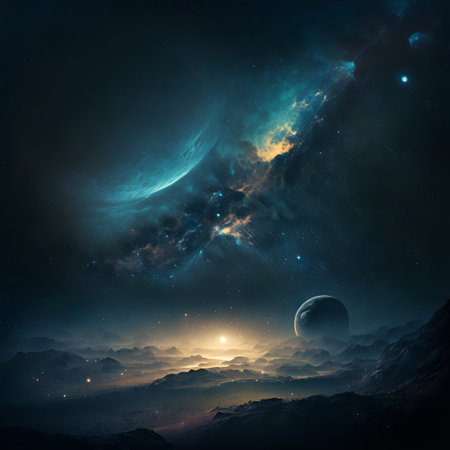 Starry view of vast universe. Deep colorful space with nebula, stars and foreign planets. Infinite galaxy.の素材