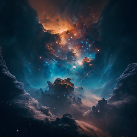 Starry view of vast universe. Deep colorful space with nebula, stars and foreign planets. Infinite galaxy.の素材