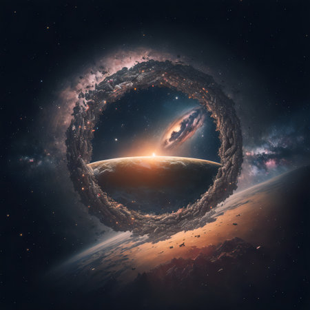 Starry view of vast universe. Deep colorful space with nebula, stars and foreign planets. Infinite galaxy.の素材