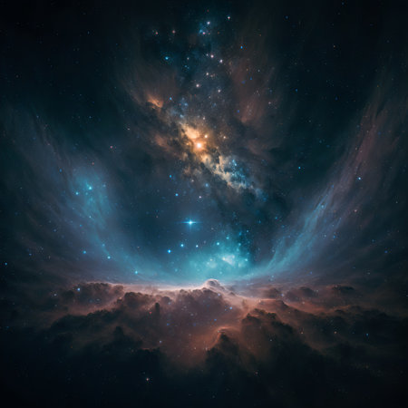 Starry view of vast universe. Deep colorful space with nebula, stars and foreign planets. Infinite galaxy.の素材