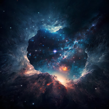 Starry view of vast universe. Deep colorful space with nebula, stars and foreign planets. Infinite galaxy.の素材