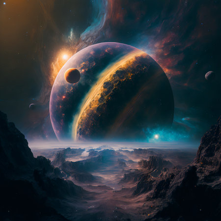 Starry view of vast universe. Deep colorful space with nebula, stars and foreign planets. Infinite galaxy.の素材