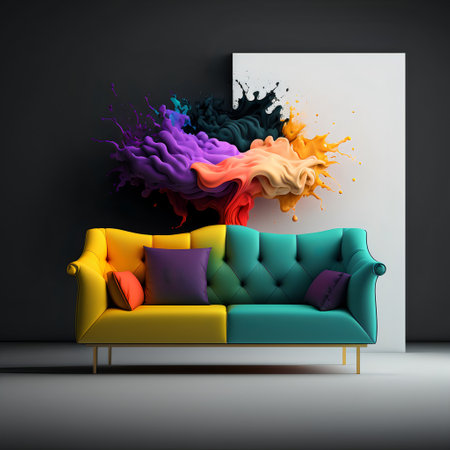 Spacious modern sofa. Colorful rainbow lounge. Minimalist living room design.の素材