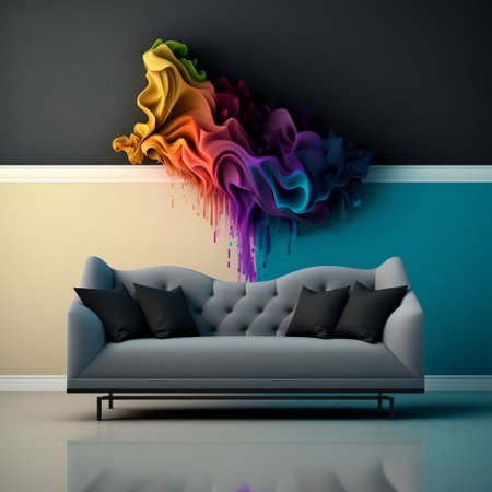 Spacious modern sofa. Colorful rainbow lounge. Minimalist living room design.の素材