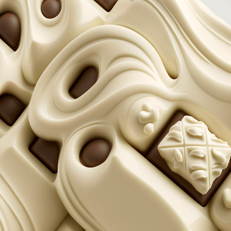 Detail closeup view of candy texture. Pieces of white chocolate. Beige creamy dessert.の素材