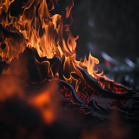 Detail closeup view of fire texture. Flames of deadly blaze. Red and orange heat.の素材