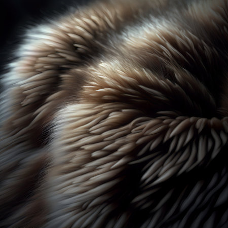 Detail closeup view of fur texture. Hair of an animal. Fluffy fur.の素材