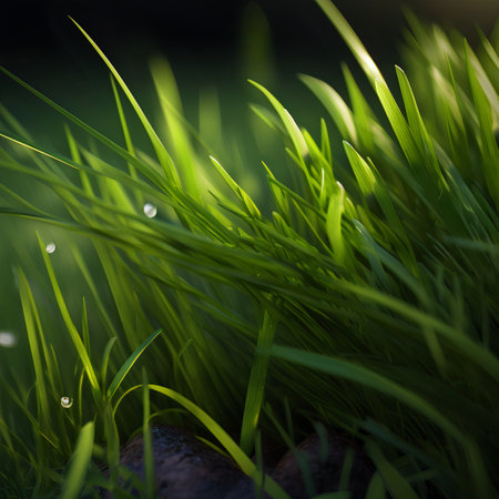 Detail closeup view of grass texture. Blades of grass. Green and fresh weed. Snitch.の素材