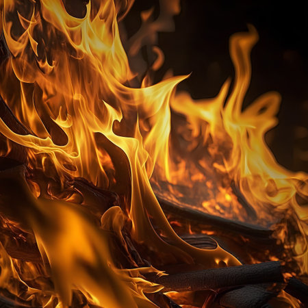 Detail closeup view of fire texture. Flames of deadly blaze. Red and orange heat.の素材