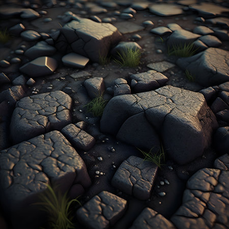 Detail closeup view of ground texture. Pieces of dirty stones. Dusty and grassy ground.の素材