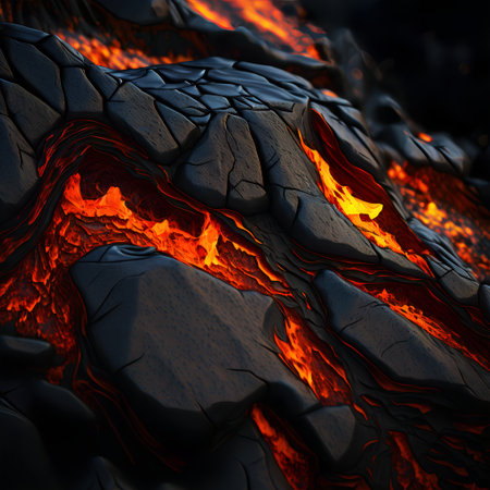 Detail closeup view of lava texture. Currents of deadly magma. Dark and orange lava.の素材