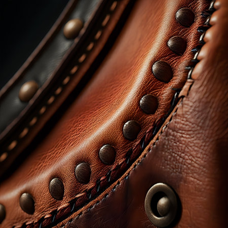 Detail closeup view of a couch. Pieces of leather. Brown hide.の素材