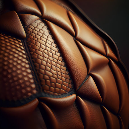 Detail closeup view of a couch. Pieces of leather. Brown hide.の素材