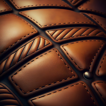 Detail closeup view of a couch. Pieces of leather. Brown hide.の素材