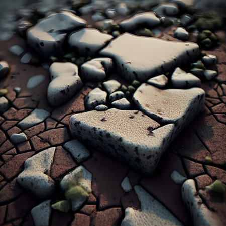 Detail closeup view of ground texture. Pieces of dirty stones. Dusty and grassy ground.の素材