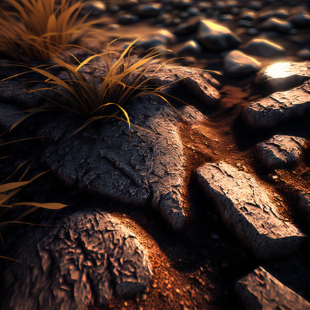Detail closeup view of ground texture. Pieces of dirty stones. Dusty and grassy ground.の素材