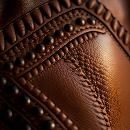 Detail closeup view of a couch. Pieces of leather. Brown hide.の素材