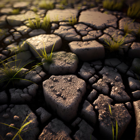 Detail closeup view of ground texture. Pieces of dirty stones. Dusty and grassy ground.の素材