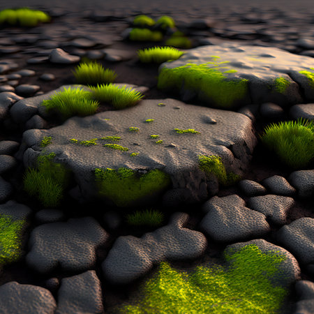 Detail closeup view of ground texture. Pieces of dirty stones. Dusty and grassy ground.の素材