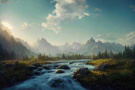 Beautiful land scenery. Trees and mountains in the wilderness. Fresh nature.の素材