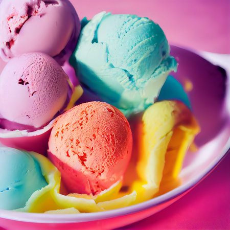 Variety of ice cream scoops with flavor. Set of ice cream scoops of different colors.の素材