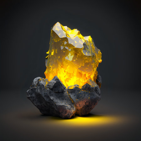 Glowing bright gemstone. Isolated mineral. Precious yellow citrine. Shiny rock.の素材