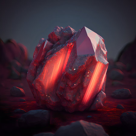 Glowing bright gemstone. Isolated mineral. Precious red ruby. Shiny garnet rock.の素材