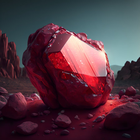 Glowing bright gemstone. Isolated mineral. Precious red ruby. Shiny garnet rock.の素材