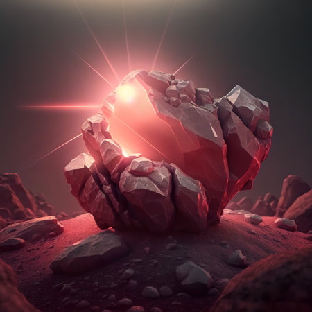 Glowing bright gemstone. Isolated mineral. Precious red ruby. Shiny garnet rock.の素材