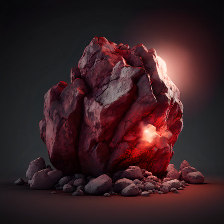 Glowing bright gemstone. Isolated mineral. Precious red ruby. Shiny garnet rock.の素材