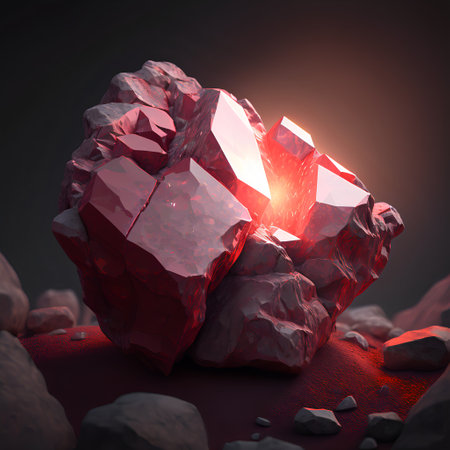 Glowing bright gemstone. Isolated mineral. Precious red ruby. Shiny garnet rock.の素材