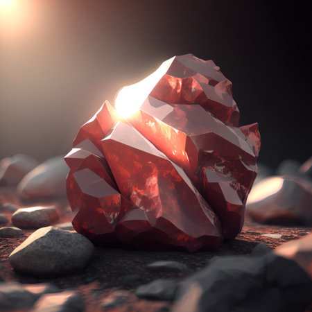 Glowing bright gemstone. Isolated mineral. Precious red ruby. Shiny garnet rock.の素材